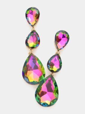 Long Triple Teardrop Dangle Vitrail Multicolor Crystal Earrings Wedding Prom